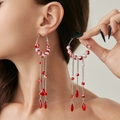Gothic silver hoop earrings with red marble beads and cascading liquid-drop tassels - Style 17 Earrings White K (3743)