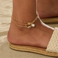 Bracelet de cheville doré multicouche avec pendentifs lune, étoile et perle de plage - Chevillère à Trois Couches Étoile Lune Perle (0438)