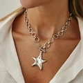 Silver star pendant necklace with thick chain and OT clasp shown on a model - Silver Style(07405) / Silver