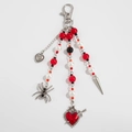 Llavero gótico de cuentas con corazón plateado, araña, sagrado corazón y púas de metal - Estilo Corazón Rojo Araña (00306)