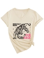 Dettaglio della t-shirt beige con scollo a V, grafica a tigre, slogan e nodo decorativo frontale - S / Sabbia (Stampa Nera)