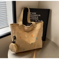 Beige canvas shopper met kleurrijk letterborduurwerk en mini ronde portemonnee - Khaki