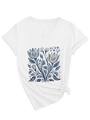 Dettaglio maglietta bianca con scollo a V, stampa floreale blu e nodo laterale sul fondo - S / Bianco(3812)