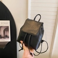 Vintage black lychee pattern leather backpack with drawstring closure for women - Black