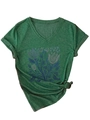 Dettaglio maglietta verde scollo a V con stampa floreale blu e dettaglio nodo frontale - Verde Retrò(3812)