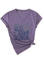 Dettaglio maglietta viola con scollo a V, stampa floreale blu e nodo alla moda sull'orlo - Viola(3812)