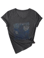 T-shirt grigio scuro con scollo a V, stampa floreale blu e dettaglio con nodo laterale - Grigio Melange(3812)