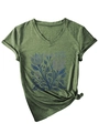 Dettaglio della maglietta con scollo a V, stampa floreale blu e nodo decorativo laterale - Verde Oliva(3812)