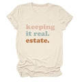 Detail of cream cotton t-shirt featuring keeping it real estate text in colorful print - S / Sand