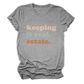 Detailed view of keeping it real estate text print on soft grey cotton blend t-shirt - S / Dark Gray