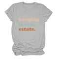 Detailed close-up of light grey round neck T-shirt with tricolor keeping it real estate text - S / Light Gray
