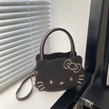 Cute brown cartoon cat crossbody bag with gold embroidery and a top handle strap - Coffee