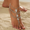 Chaîne de pied bohème argentée multicouche avec strass et cristaux en goutte d'eau - Chevillère en Strass avec Anneau d'Orteil Argentée (0271)