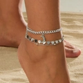Chaîne de jambe argentée multicouche avec breloques lune et cœur sur la plage - Chevillère Lune et Cœur Argentée (2116)