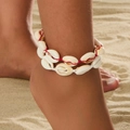 Bracelet de cheville double en coquillages avec cordes tressées rouges et blanches - Chevillère en Coquillage Naturel Cordon Rouge et Blanc (3490)