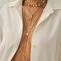 Three-layer gold cross pendant necklace set with colorful gems and pearl accents - Iron Chain / Copper-clad Iron / Alloy / Imitation Pearl / Acrylic / 3-Layer Multi-color Gemstone Cross Icon Long Necklace (06609) / Gold (06609)