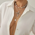 Three-layer silver cross pendant necklace set with pearls and colorful gemstones - Iron Chain / Copper-clad Iron / Alloy / Imitation Pearl / Acrylic / 3-Layer Multi-color Gemstone Cross Icon Long Necklace (06609) / Silver (06609)