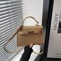 Retro camel grain leather crossbody bag with top handle and gold metal twist lock buckle - Khaki