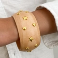 Vintage wide light wood bracelet with gold star and round stud embellishments - Natural Wood (Star Studded)