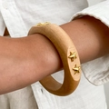 Bohemian style wide wooden bangle featuring metallic gold star studs for women - Natural Wood (0109)