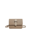 Khaki woven leather crossbody bag with minimalist square metal buckle on white background - Khaki