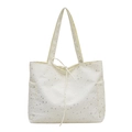 Cute white nylon tote bag with star pattern featuring side pockets and drawstrings - White