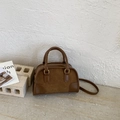Brown suede Boston handbag with vintage stitching and leather handles in a retro style - Brown