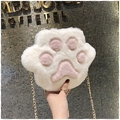 Cute white plush cat paw crossbody bag with pink pads and a delicate gold chain strap - White
