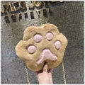 Cute khaki plush bear paw crossbody bag with pink paw pads and golden metal chain - Brown