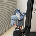 Mini light blue quilted handbag with gold chain strap and decorative silk scarf - Blue