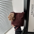 Vintage leopard print burgundy bucket bag with plush dog charm and matte finish - With Pendant / Red