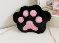 Cute black plush cat paw crossbody bag with pink pads and gold metal chain strap - Black