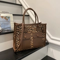 Chic leopard print tote bag with brown leather trim and dual functional pockets - Leopard Brown
