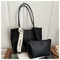 Detailansicht schwarzer Leder-Shopper mit Modeband-Dekor und passender Innentasche - Schwarz