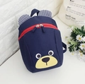 Dark blue cartoon bear toddler backpack with safety harness and cute stripe ears decoration - Dark Blue