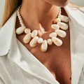 Exaggerated resin amber teardrop pendant necklace with white faux pearl beads - Off White
