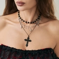 Three-layer gothic punk necklace with cross pendant and shiny star zircon accents - Star Hollow Cross 3-Layer Necklace(06607) / Black