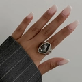 Close-up of irregular grey acrylic stone ring on finger with striped suit cuff - Large Irregular Gemstone Style (0927)