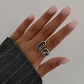 Silver metal ring featuring asymmetrical dark grey acrylic gemstones in a modern design - Double Irregular Stone Open Style (0923)