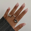 Three-piece ring set with large grey square gem and silver geometric bands - Geometric Square Stackable Style (6364)