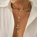 Collana a tre strati dorata con pietre colorate, ciondoli a cuore e croce vintage - Oro-06620