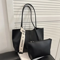 Black large capacity faux leather tote bag set with detachable pouch and fashion strap - Black