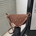 Brown suede half-moon shoulder bag with golden studs and vintage matte finish - Brown