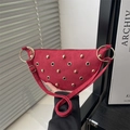 Red matte suede half-moon shoulder bag with golden rivets and adjustable strap - Red