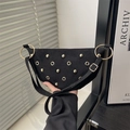 Black frosted suede crescent shoulder bag with gold rivets and metallic rings - Black
