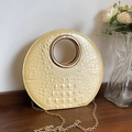Sac de soirée rond vintage avec motif crocodile et poignée ronde en métal doré - Jaune