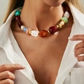 Bohemian colorful resin bead necklace with gold accents and mixed vibrant stones - Gold Multicolor (07414)