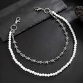 Catena da uomo hip-hop con perle e stelle, design a doppio strato con moschettoni - Stile Argento (01961)