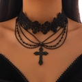 Gothic black lace choker with multi-layer metal chains and a cross pendant for women - Black 6626k1