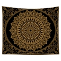 Close-up of bohemian mandala tapestry with intricate gold geometric patterns on black fabric - Black Gold Luxury Mandala (14) / 100x70(Peach Skin)
